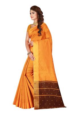 Kimisha Gold Cotton Silk Blend Border Work Saree With Running Blouse 5