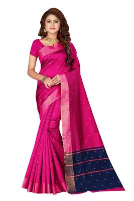 Kimisha Magenta Cotton Silk Blend Border Work Saree With Running Blouse 1