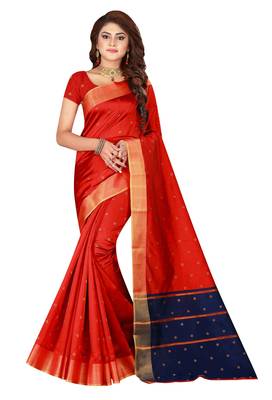 Kimisha Red Cotton Silk Blend Border Work Saree With Running Blouse 1