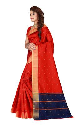 Kimisha Red Cotton Silk Blend Border Work Saree With Running Blouse 5