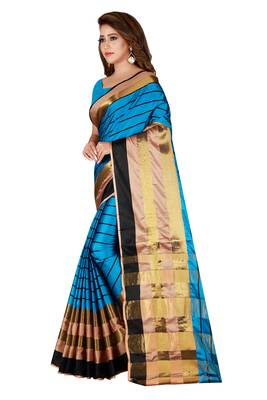 Kimisha Sky Blue Cotton Blend Woven Saree With Running Blouse 5