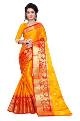 Kimisha Gold Cotton Silk Jacquard Butta Work Saree With Running Blouse 1