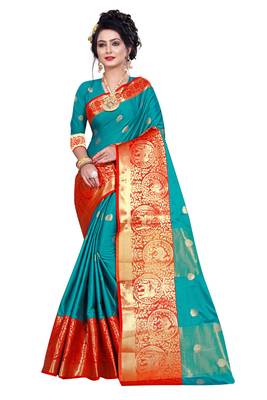Turquoise woven cotton silk saree with blouse 1