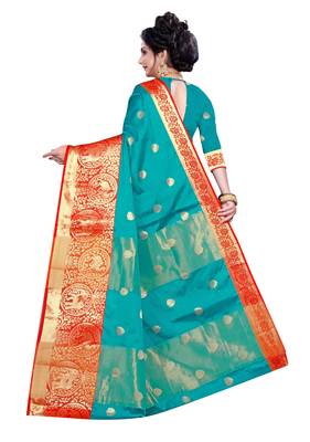 Turquoise woven cotton silk saree with blouse 2