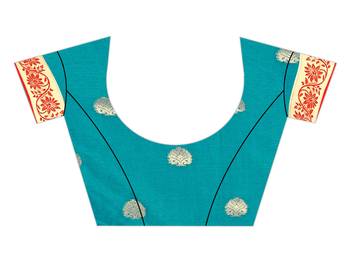 Turquoise woven cotton silk saree with blouse 3