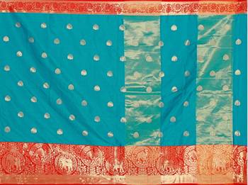 Turquoise woven cotton silk saree with blouse 4