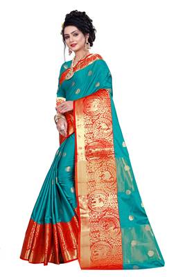 Turquoise woven cotton silk saree with blouse 5