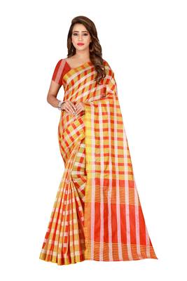 Beige printed poly silk saree with blouse 1