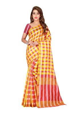 Gold printed poly silk saree with blouse 1