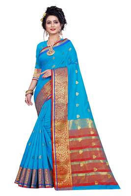 Kimisha Sky Blue Pure Cotton Jacquard Saree With Running Blouse 1