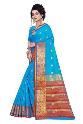 Kimisha Sky Blue Pure Cotton Jacquard Saree With Running Blouse 5