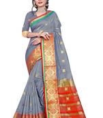 Kimisha Grey Pure Cotton Jacquard Saree With Running Blouse