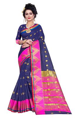 Kimisha Nblue Pure Cotton Jacquard Saree With Running Blouse 1