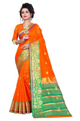 Kimisha Orange Pure Cotton Jacquard Saree With Running Blouse 1