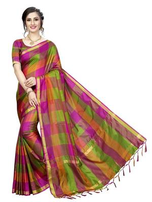 Pink Ikat Checks Cotton Silk Saree With Blouse 1