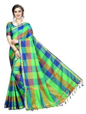 Green Ikat Checks Cotton Silk Saree With Blouse 1