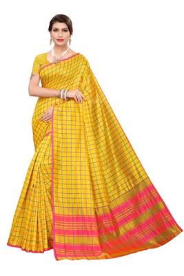 Yellow Checks Cotton Silk Saree With Blouse 1