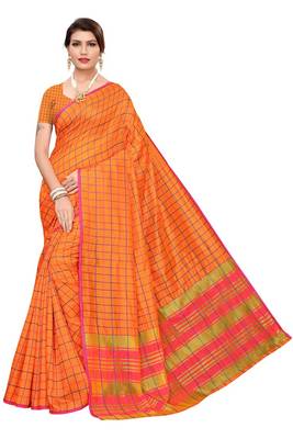 Orange Checks Cotton Silk Saree With Blouse 1