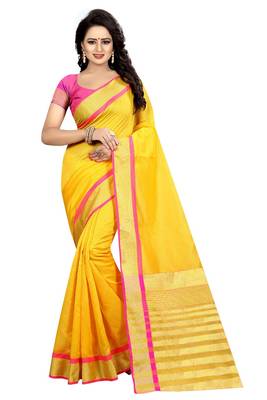 Yellow Gold Cotton Silk Saree With Blouse 1