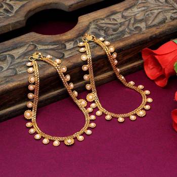 Beautiful Gold Plated Pearls Studded 2 Line Payal Anklets Fashion Jewelry 3