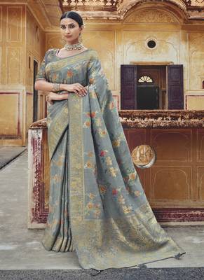 Grey woven silk blend saree with blouse 1