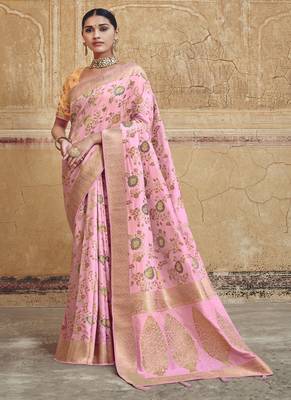   light pink woven silk blend saree with blouse 1