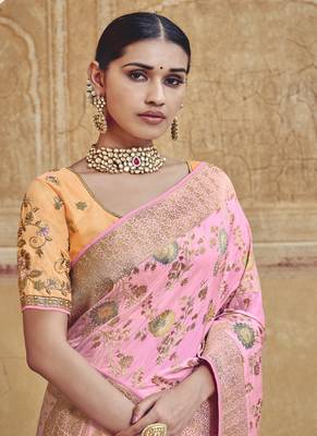   light pink woven silk blend saree with blouse 2