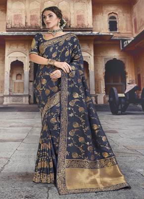   navy blue woven silk blend saree with blouse 1