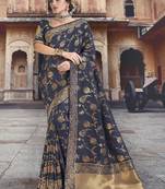   navy blue woven silk blend saree with blouse