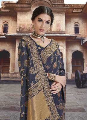   navy blue woven silk blend saree with blouse 2