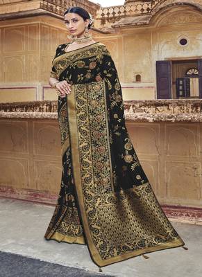 Black woven silk blend saree with blouse 1