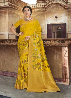 Mustard woven silk blend saree with blouse 1