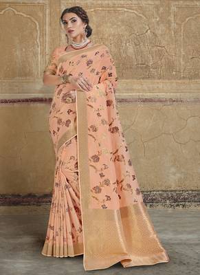 light peach woven silk blend saree with blouse 1