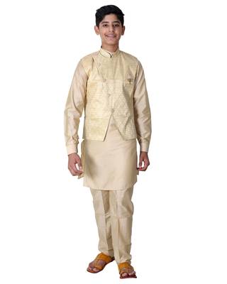 Fawn printed cotton silk boys-kurta-pyjama 1