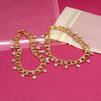 Gold Plated Shiny Clear Crystal Jhalar Style Beautiful Rajasthani Payals Anklets 3