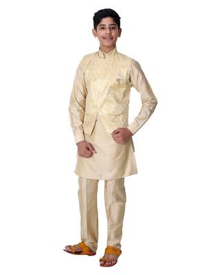 Fawn printed cotton silk boys-kurta-pyjama 3