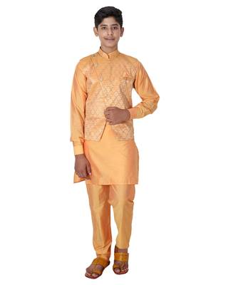 Orange printed cotton silk boys-kurta-pyjama 1