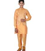 Orange printed cotton silk boys-kurta-pyjama
