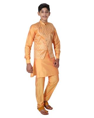 Orange printed cotton silk boys-kurta-pyjama 2