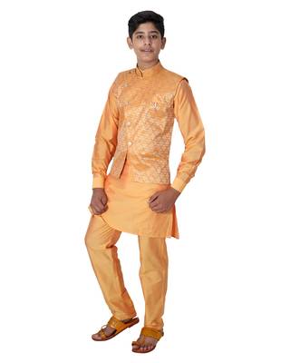 Orange printed cotton silk boys-kurta-pyjama 3
