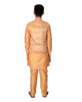 Orange printed cotton silk boys-kurta-pyjama 5