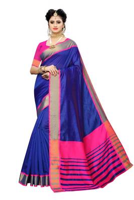 Blue Pink Cotton Silk Saree With Blouse 1