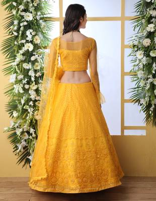 Mustard Embroidered Net Semi Stitched Lehenga 1