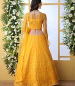 Mustard Embroidered Net Semi Stitched Lehenga