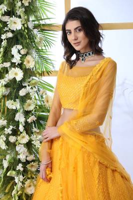 Mustard Embroidered Net Semi Stitched Lehenga 2
