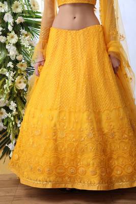 Mustard Embroidered Net Semi Stitched Lehenga 3