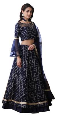 Navy Blue Embroidered Net Semi Stitched Lehenga 1