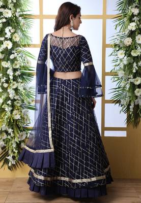 Navy Blue Embroidered Net Semi Stitched Lehenga 2