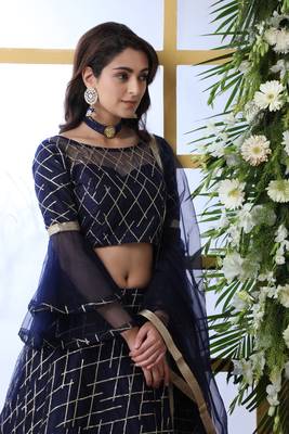Navy Blue Embroidered Net Semi Stitched Lehenga 3