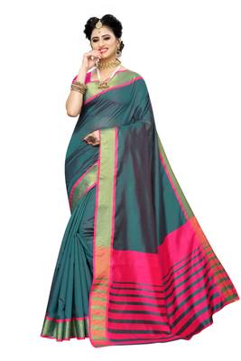 Turquoise Pink Cotton Silk Saree With Blouse 1